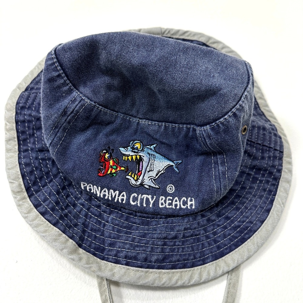 VTG‎ Panama City Beach Shark Bucket Hat Blue Kids Child Sun Hat 90s Beach